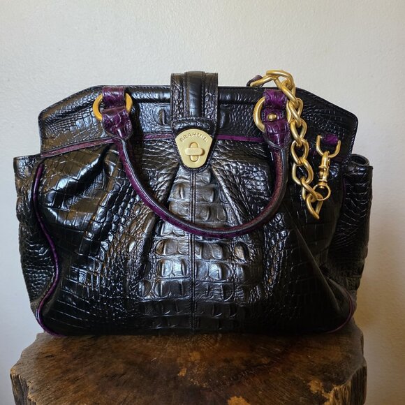 RARE Brahmin Adora Black & Purple Croc Embossed Leather Satchel Gold Chain - Picture 14 of 16